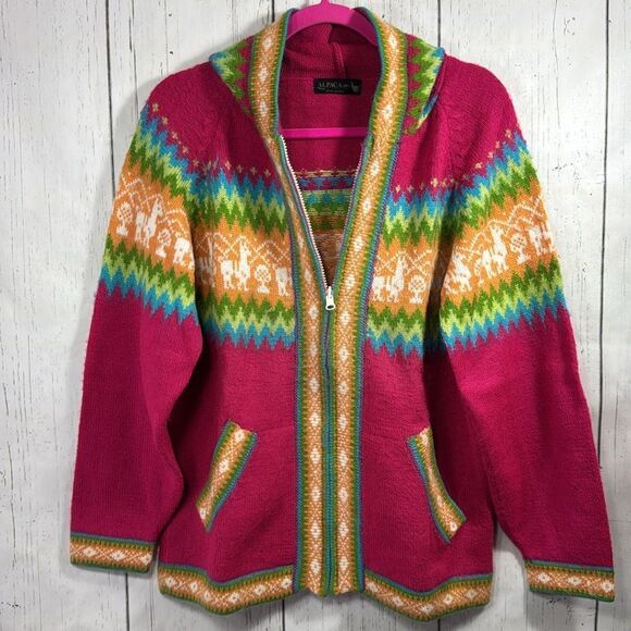 Alpaca Fina 100% Alpaca Handmade Peru Hooded Zip Sweater Cardigan Cozy Winter - Picture 5 of 15